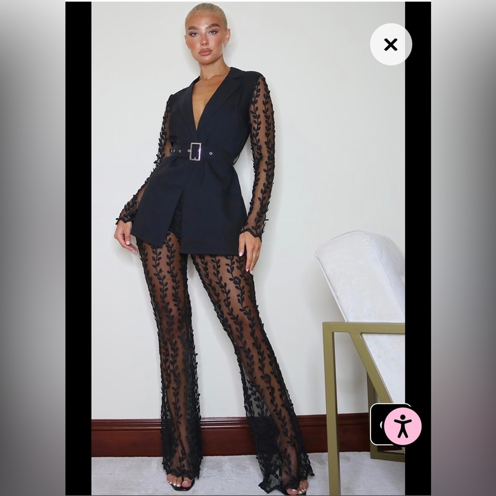 PrettyLittleThing Black Sheer Embroidered Blazer Set